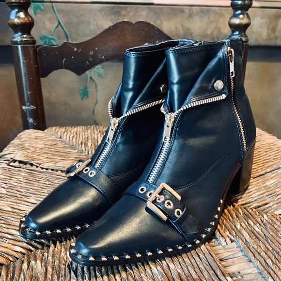 ✨Black Moto Ankle Boots Gold Zips Buckle Studs✨6.5 - Picture 10 of 13